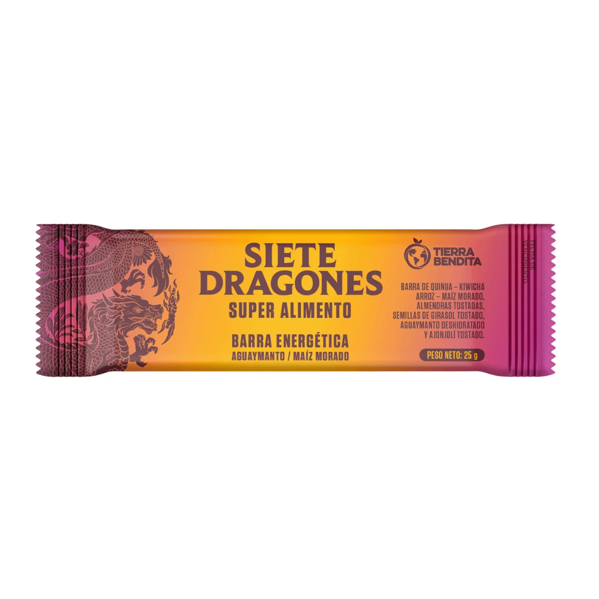 Siete Dragones aguaymanto and purple corn 25 g bar wrapper
