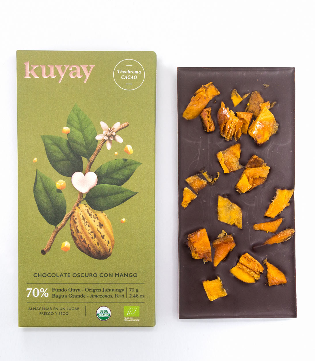 Kuyay mango packaging beside the bar studded with dried mango