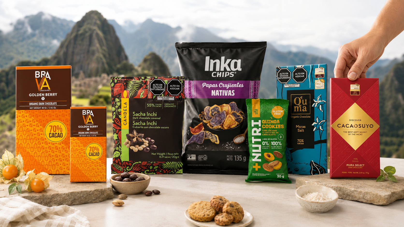 The six Peruvian products of the EcoInkaShop lineup arranged in front of Machu Picchu