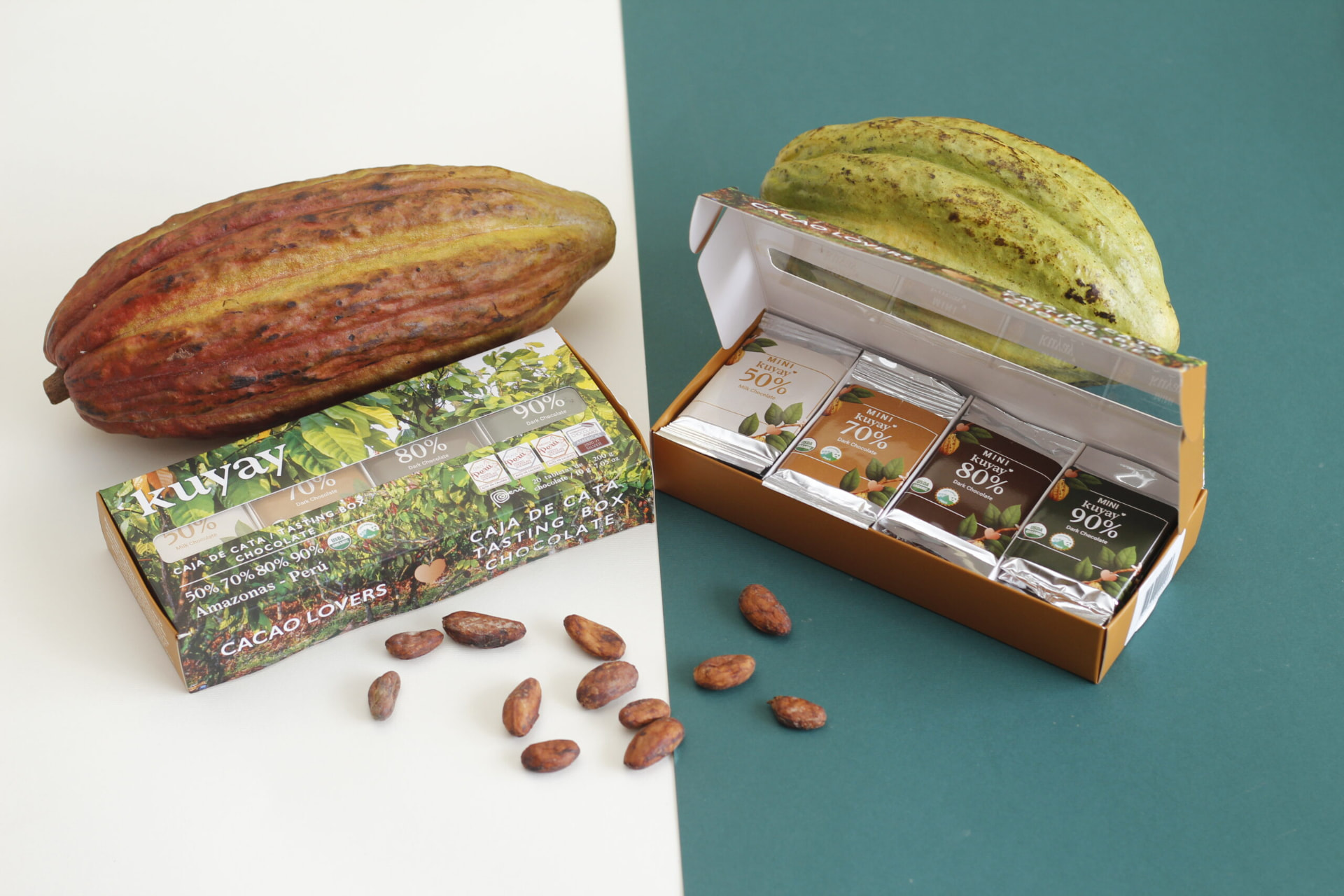 Kuyay tasting box with fresh cacao pods and roasted beans