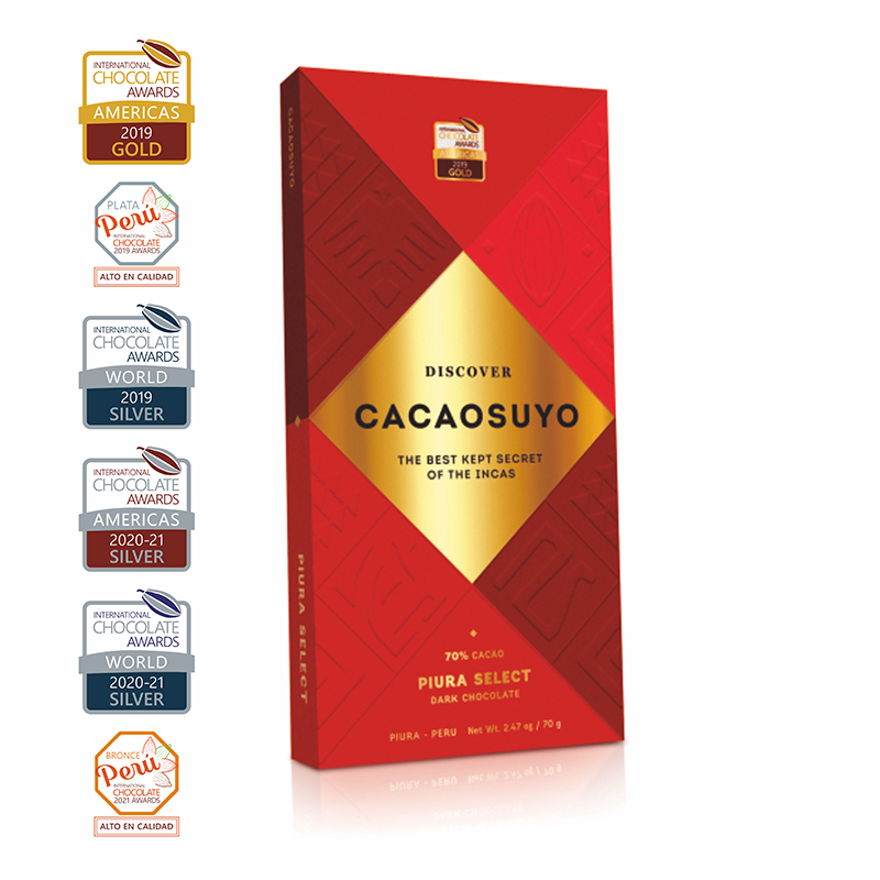 Cacaosuyo Piura Select bar with its international award medals
