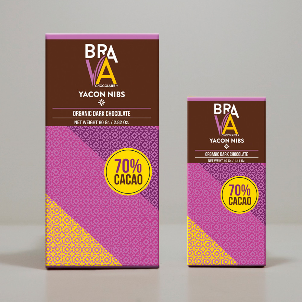 Brava Yacón Nibs 70% dark chocolate bar, 80 g and 40 g