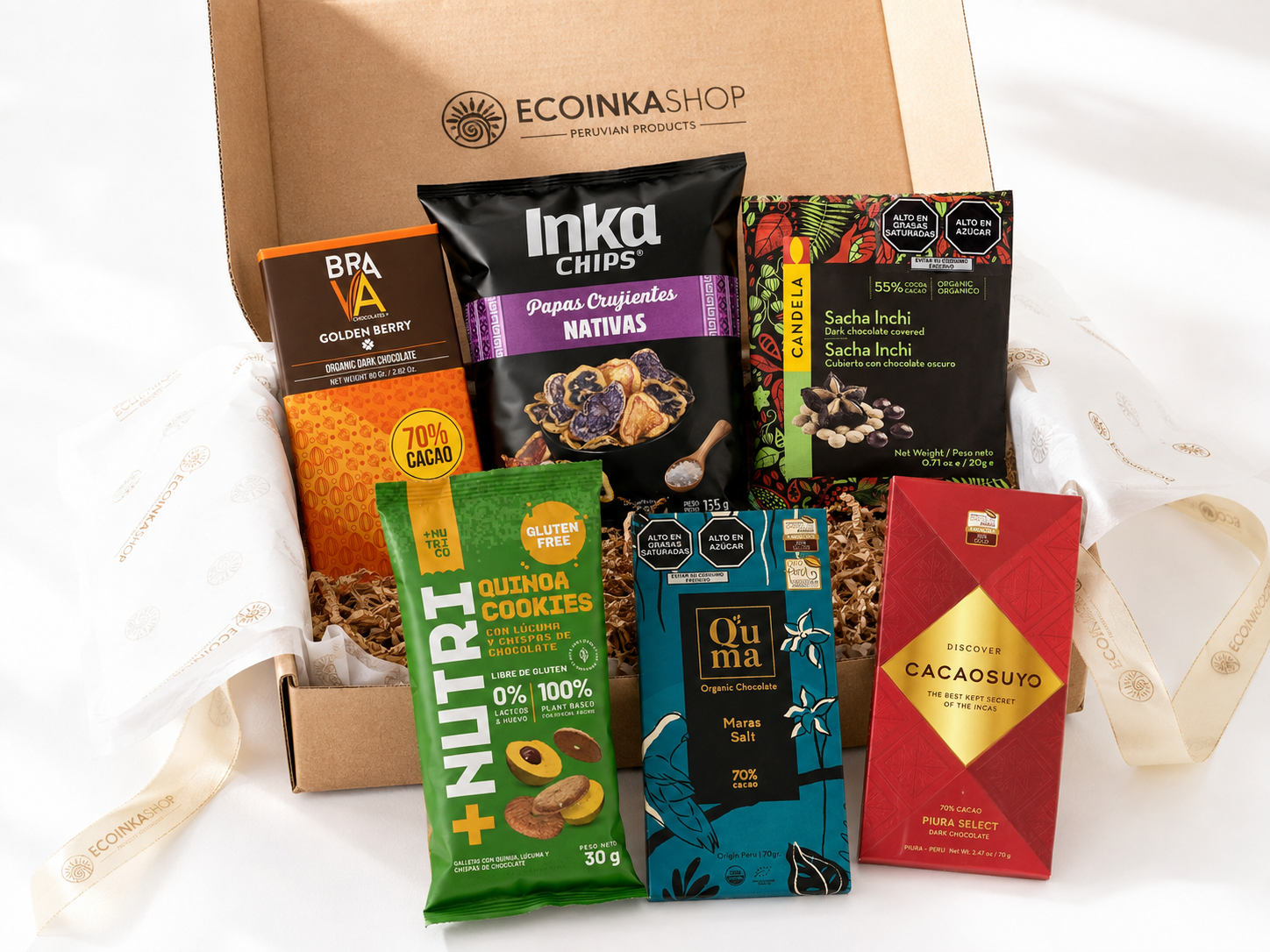 The Unexpected Box open, with six Peruvian snacks and bars inside