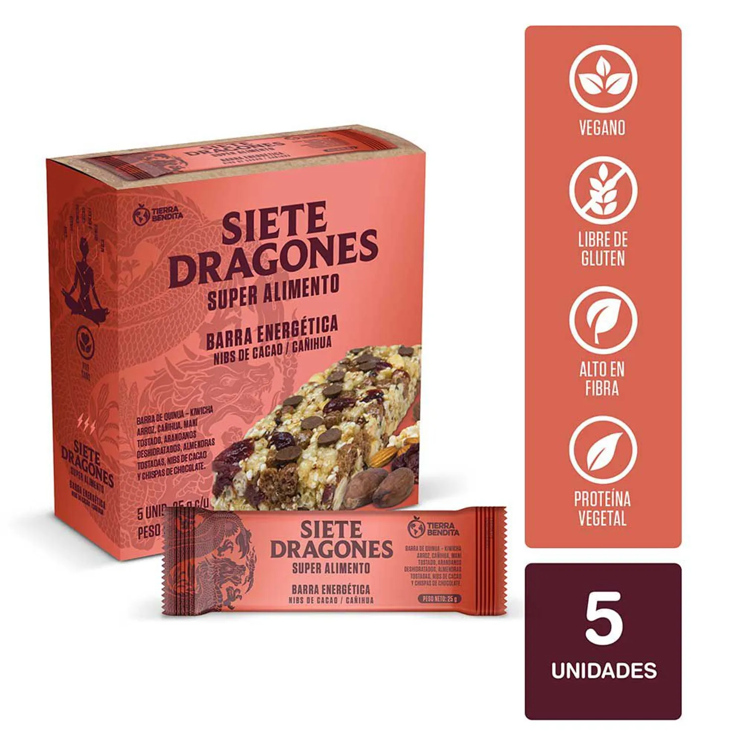 Siete Dragones cacao nibs and cañihua energy bars, box of 5