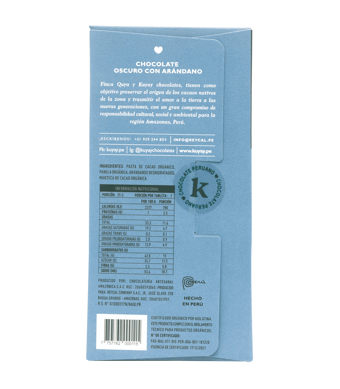 Back of the Kuyay arándano bar packaging with ingredients