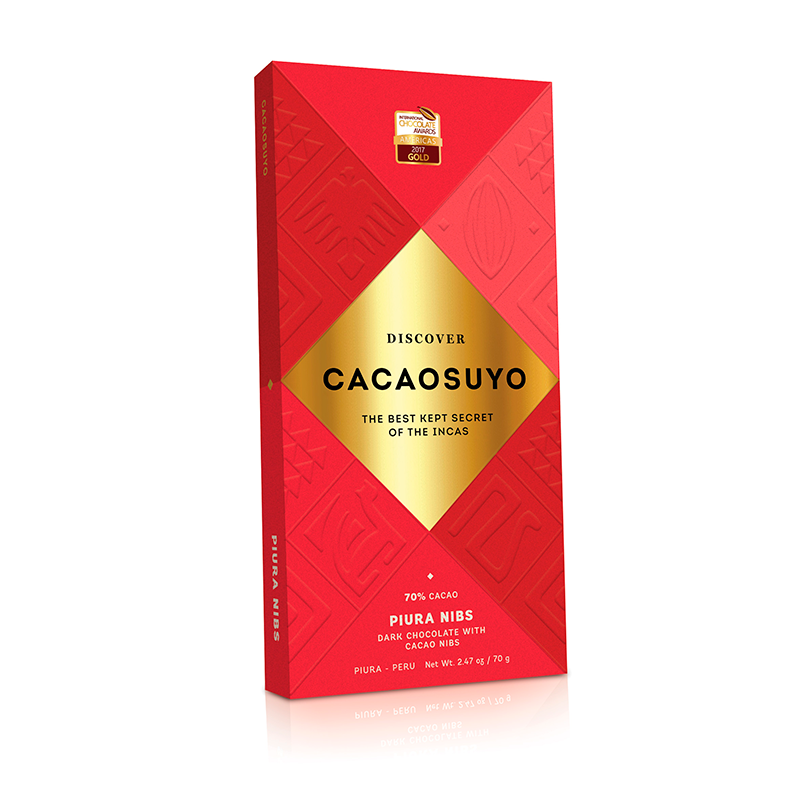 Cacaosuyo Piura Nibs 70% dark chocolate bar with cacao nibs, 70 g