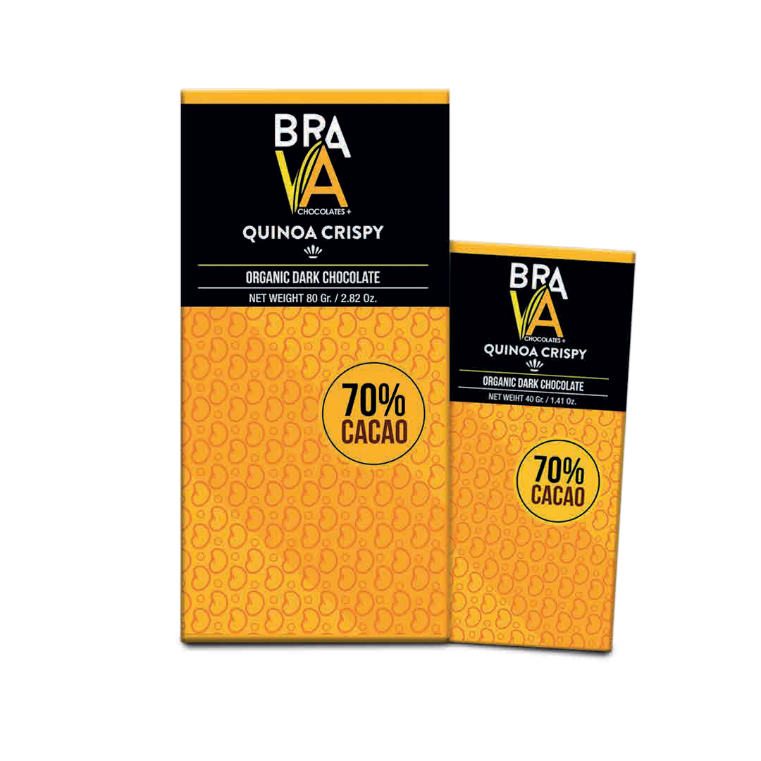 Brava Quinoa Crispy 70% dark chocolate bar, 80 g and 40 g