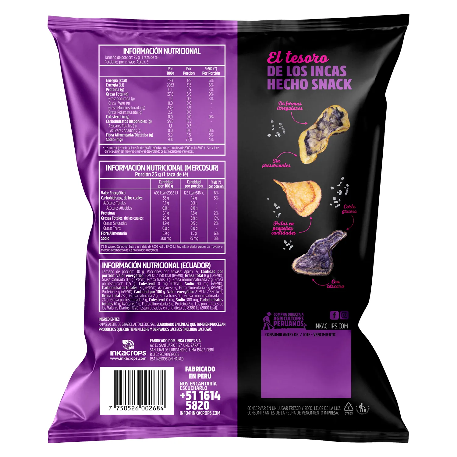 Back of the Inka Chips Nativas bag with ingredients and nutrition panel