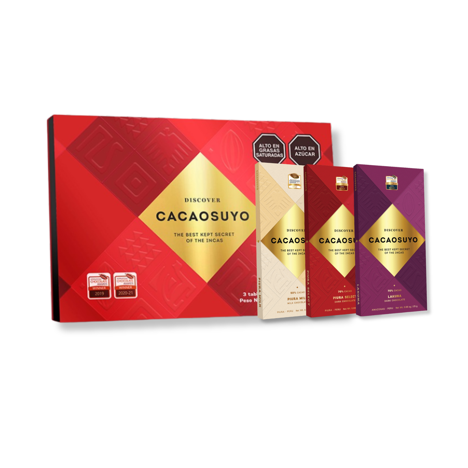 Cacaosuyo tripack box with Piura Milk, Piura Select and Lakuna tablets