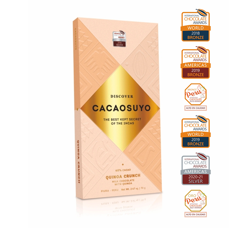 Cacaosuyo Quinoa Crunch bar with its international award medals