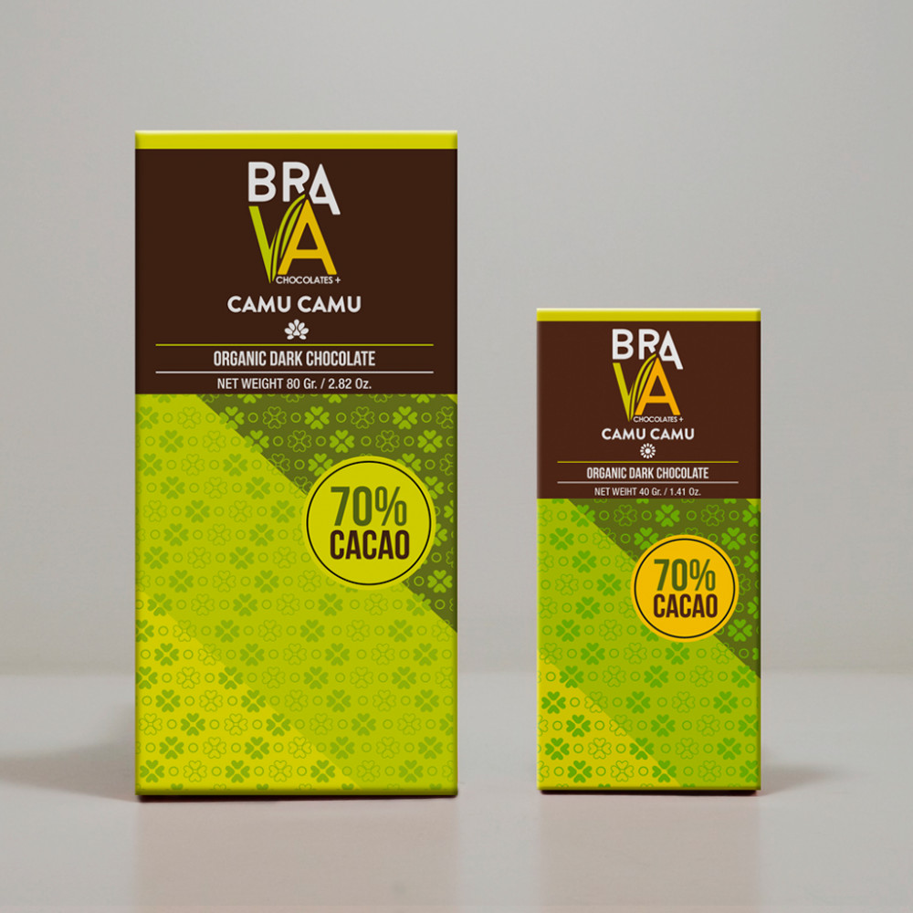 Brava Camu Camu 70% dark chocolate bar, 80 g and 40 g