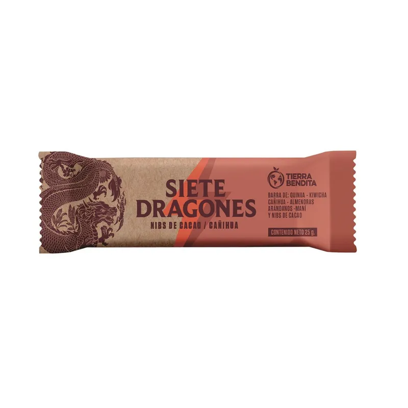 Siete Dragones cacao nibs and cañihua 25 g bar wrapper