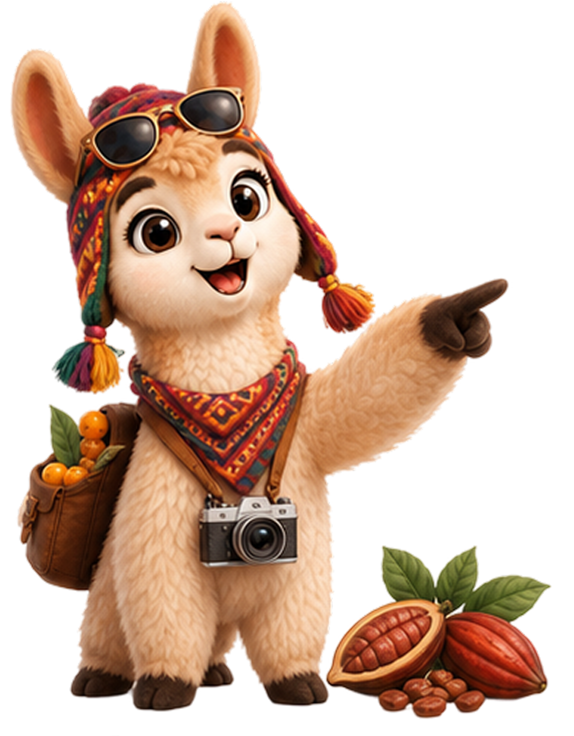 Inki pointing at a cacao pod
