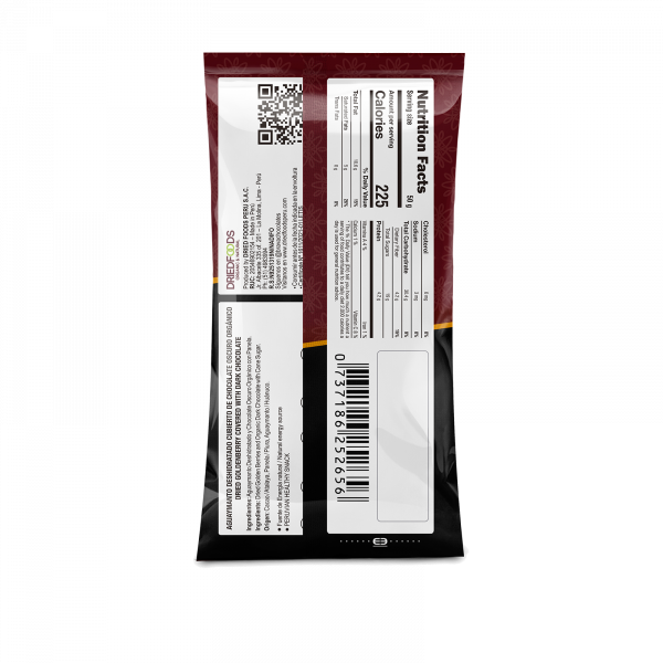 Back of the Brava goldenberry chocolate snack pouch