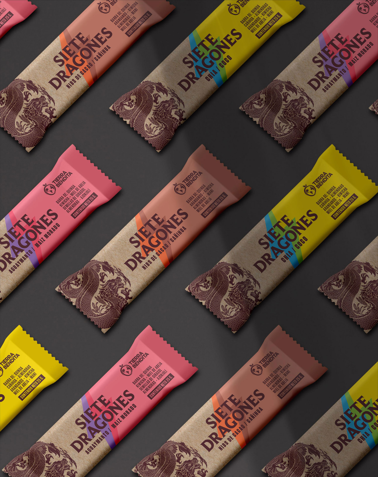 Siete Dragones bar flavours laid out in a grid on a dark backdrop