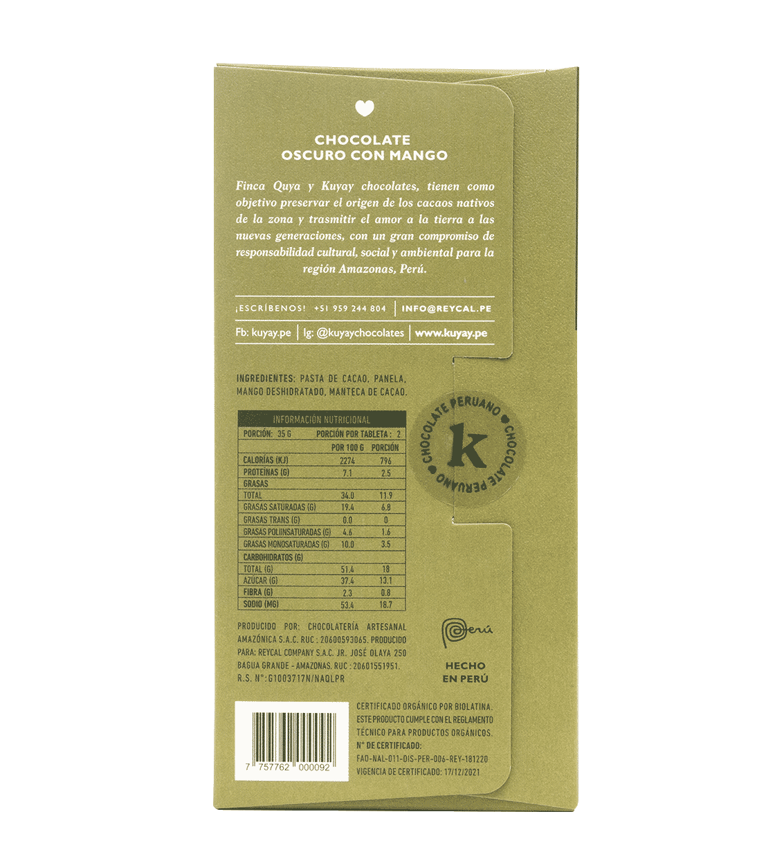 Back of the Kuyay mango bar packaging with ingredients
