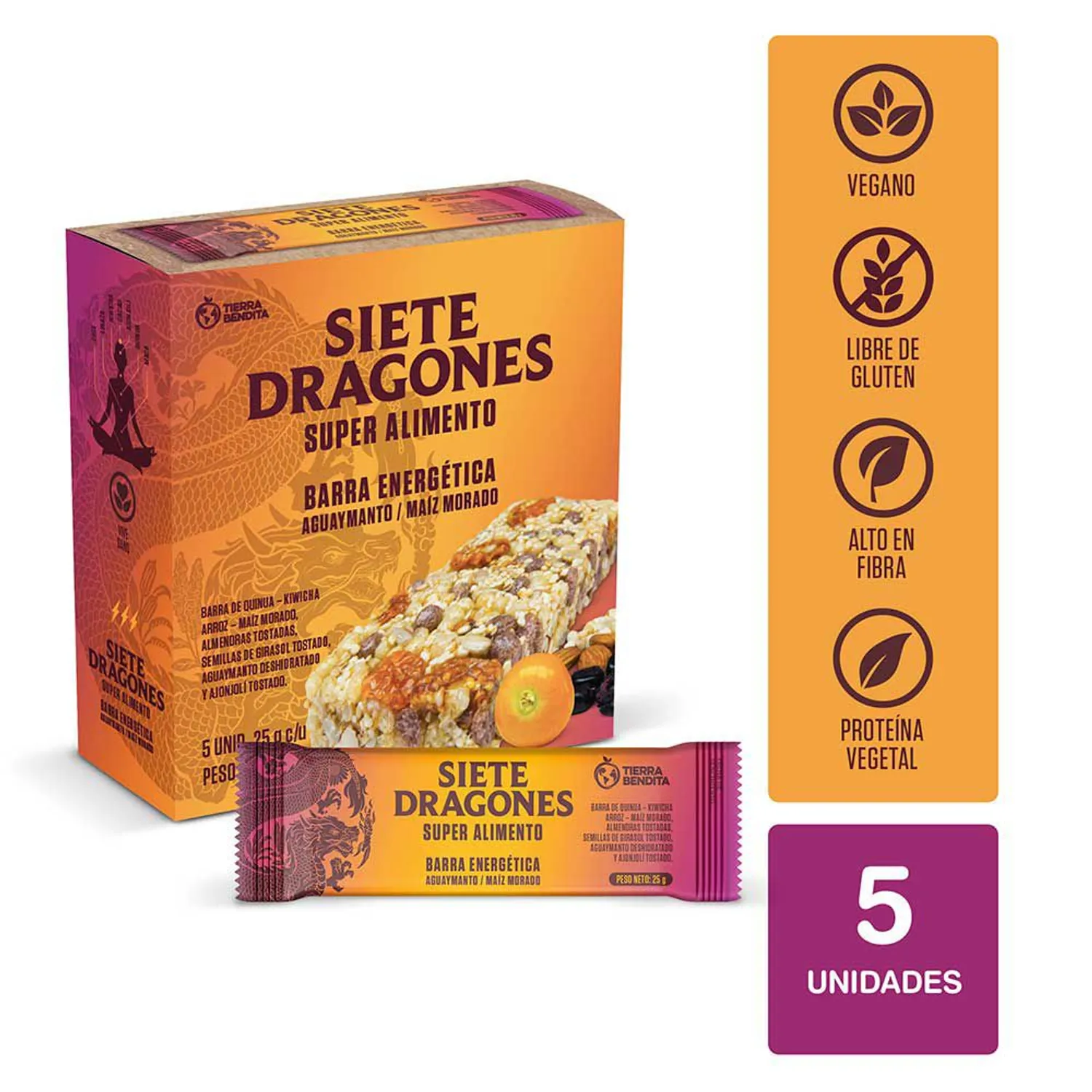 Siete Dragones aguaymanto and purple corn energy bars, box of 5