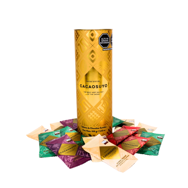 Cacaosuyo gold tube surrounded by its wrapped mini tablets