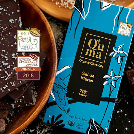 Q'uma Sal de Maras packaging with its Oro Peru and International Chocolate Awards medals