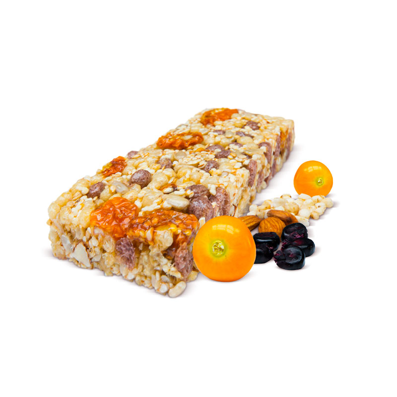 Unwrapped Siete Dragones bar with puffed quinoa, aguaymanto, purple corn and almonds
