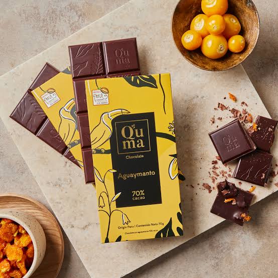 Q'uma aguaymanto bars with fresh goldenberries and broken chocolate