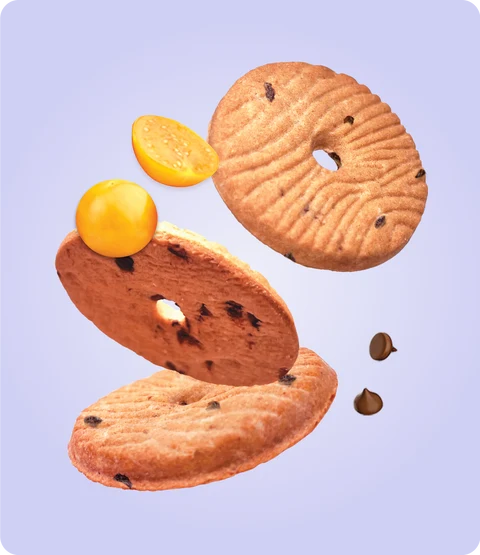 Aguaymanto quinoa cookies floating with golden berries and chocolate chips