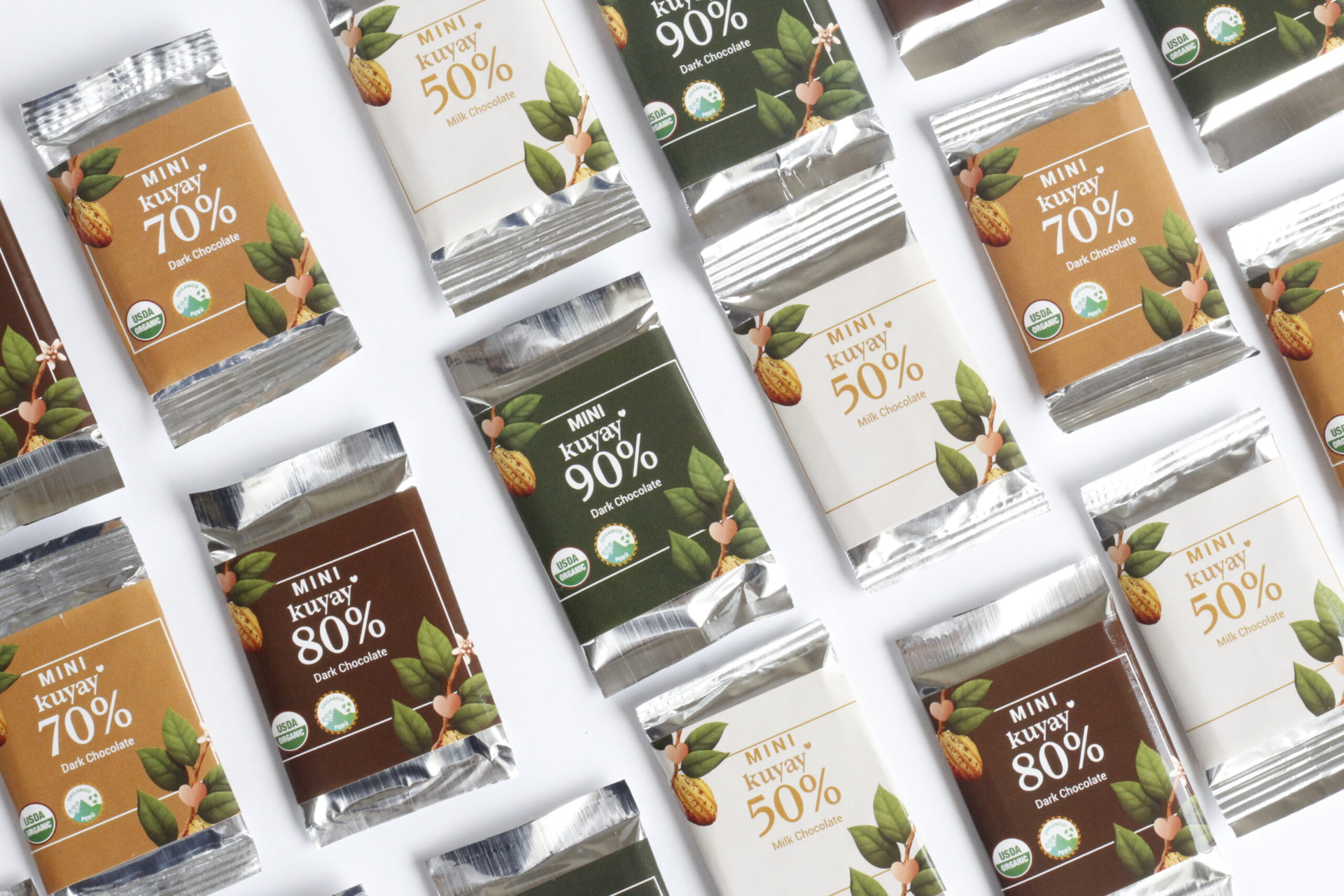 Grid of Kuyay mini bars in 50%, 70%, 80% and 90%