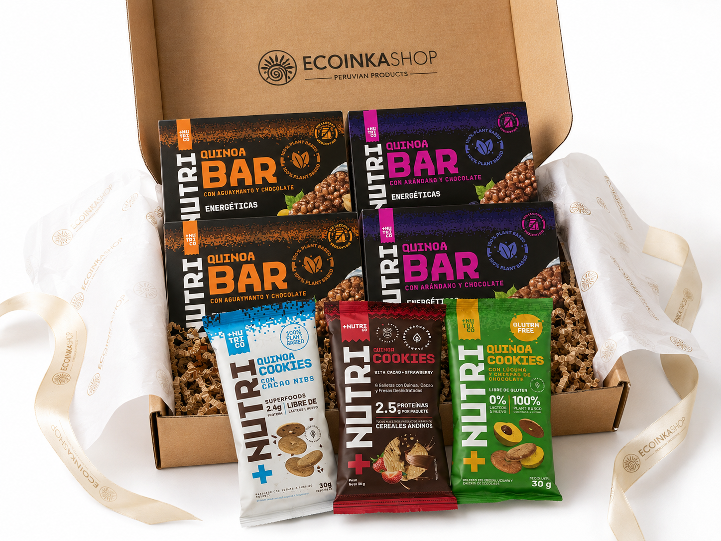 Grain & Fruit Box: NUTRI Co quinoa bars with aguaymanto and arándano plus quinoa cookies in a ribboned EcoInkaShop box