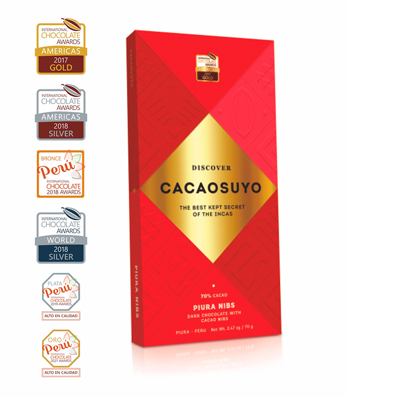 Cacaosuyo Piura Nibs bar with its international award medals
